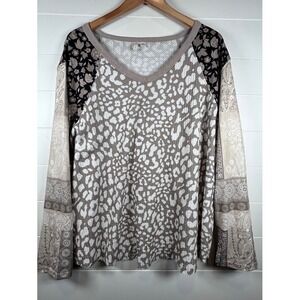 Cato Women XL Long Sleeve Mixed‎ Print Thermal V-Neck Top Shirt Brown Beige